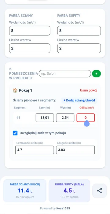 MALARZ Pro Lite — widok mobilny z pomieszczeniami i wynikami litrażu farby